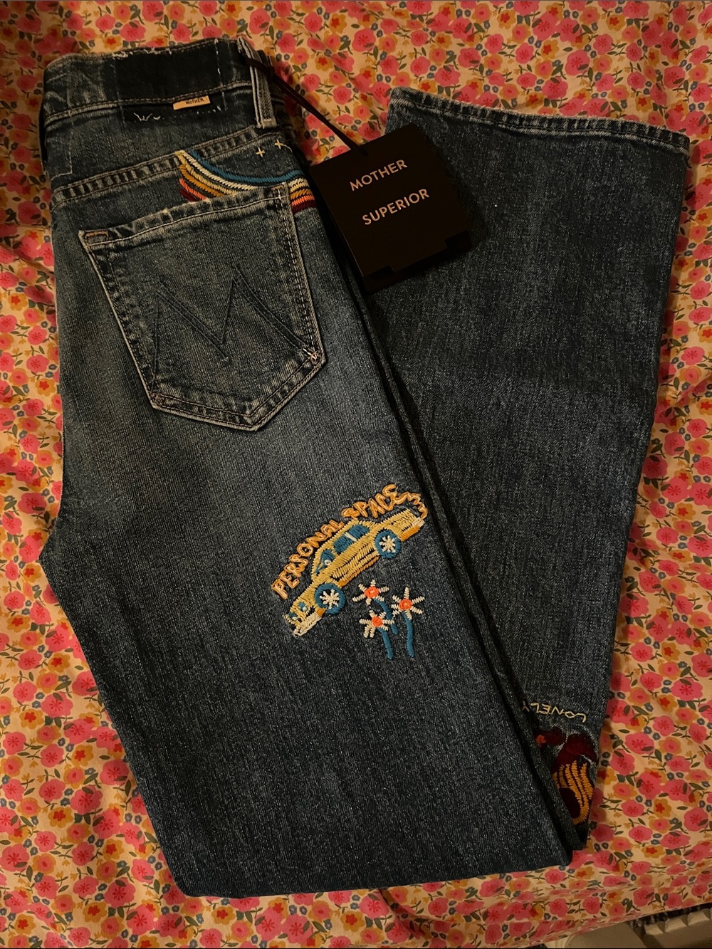 MOTHER Dark Blue Wide-Leg Jeans with Colorful Embroidery